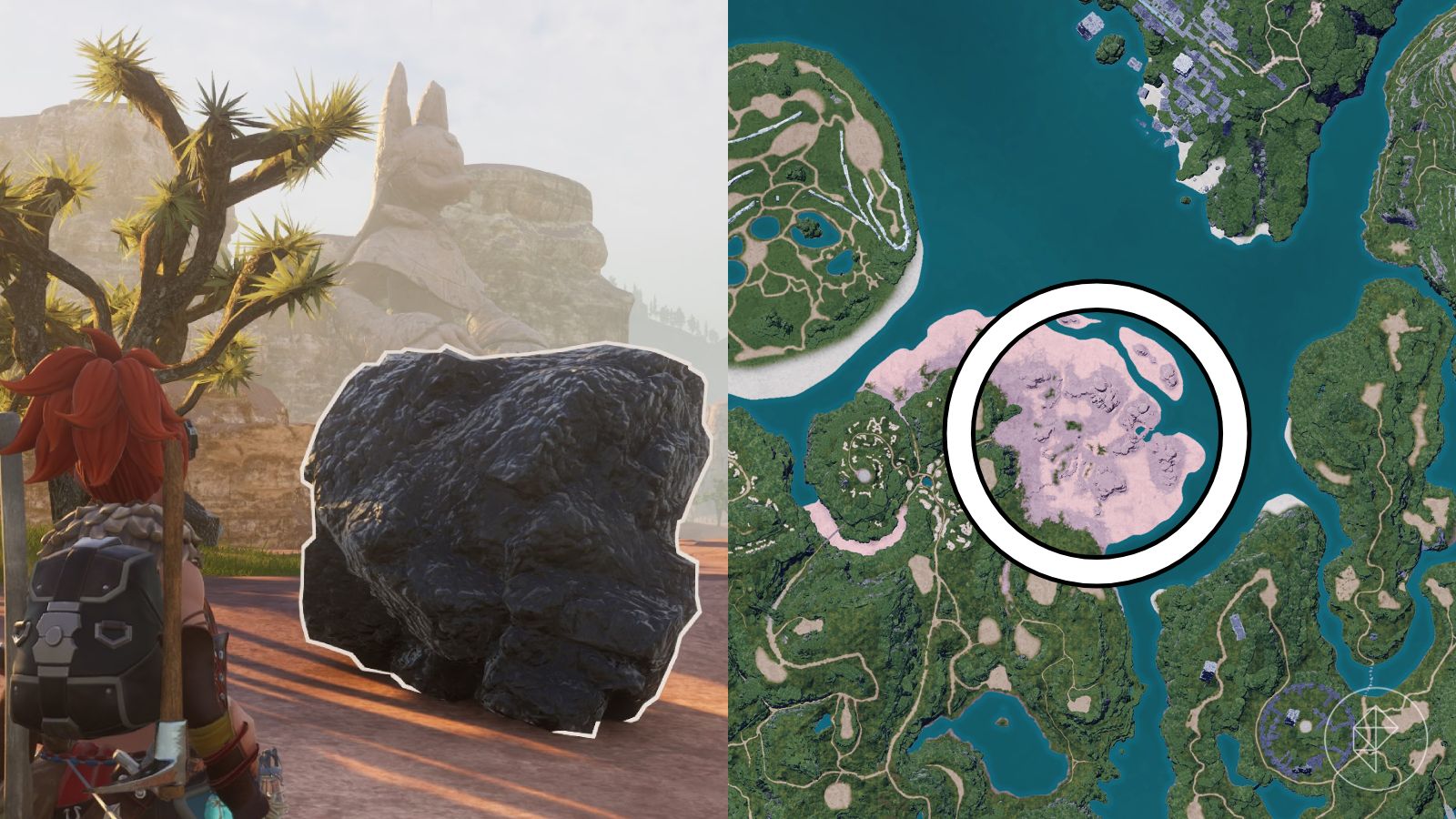 Coal location circled on the map of Palworld.
