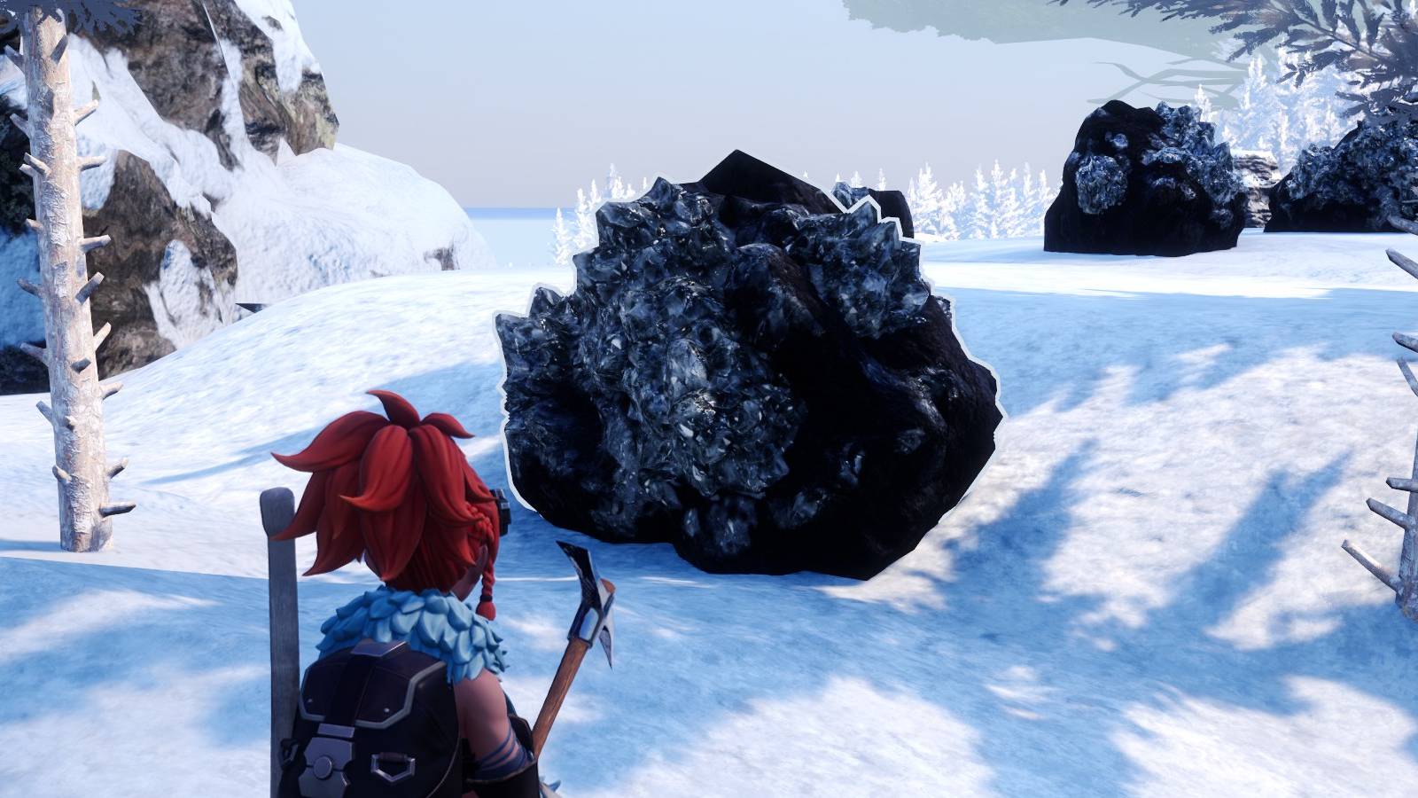 The playable character of Palworld standing in front of a pure quartz node in the snow.