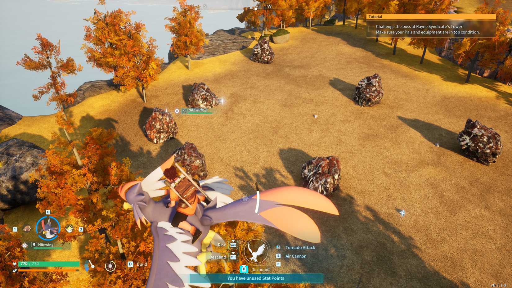 A Palworld hero flies a flying mount over ore deposits in the best base location for ore in Palworld.