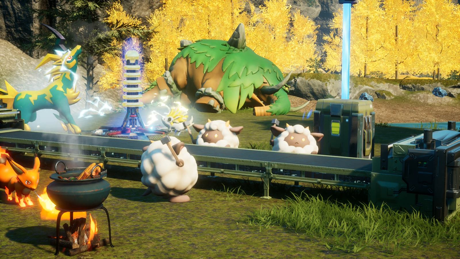 Three Palworld Lamballs work on a conveyor belt while an electric Pal powers it.
