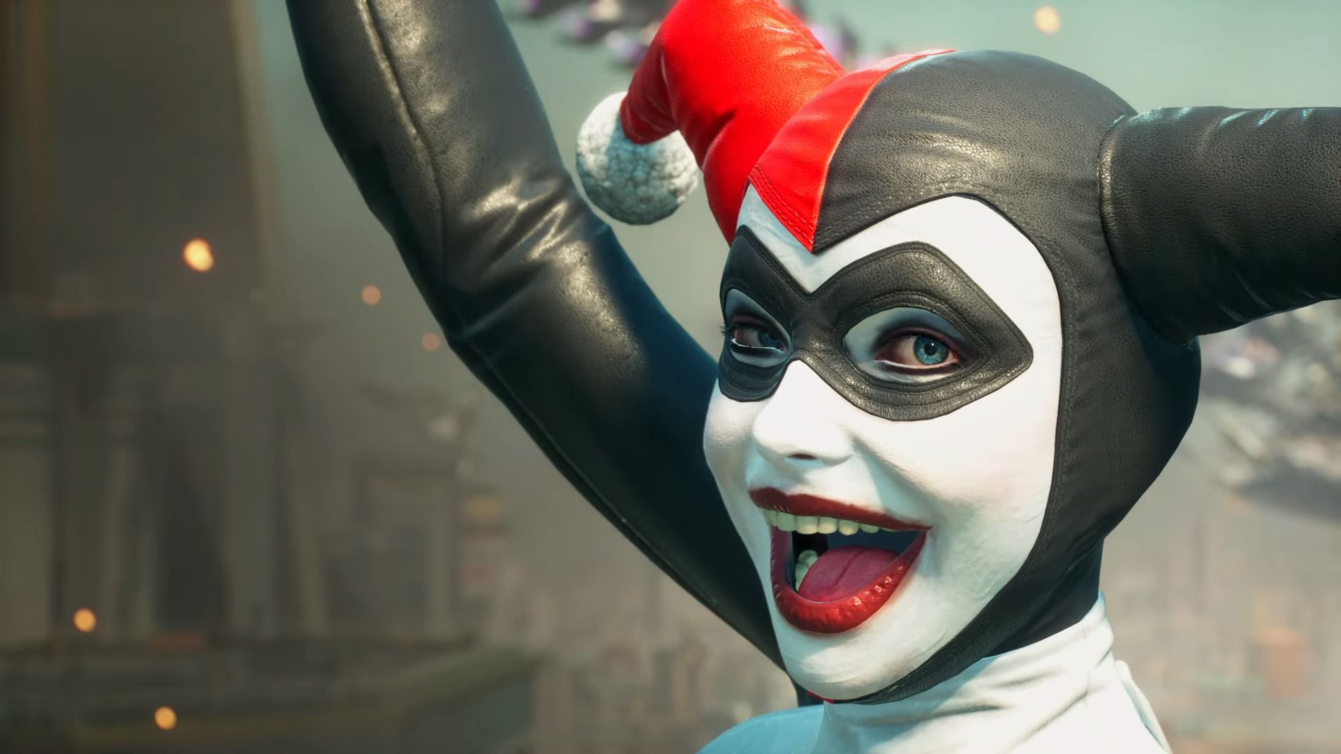 Harley Quinn in her classic harlequin makeup and outfit from Suicide Squad: Kill the Justice League