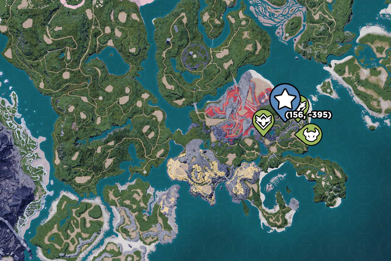 A Palworld map showing where to place a base down for ore and ancient civilization parts