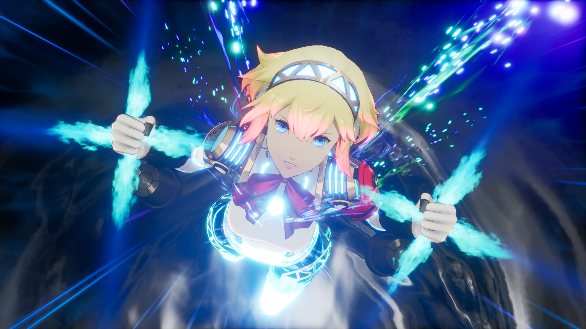 Aigis soars toward the camera, with electrical energy emanating from both of her fists, in Persona 3 Reload