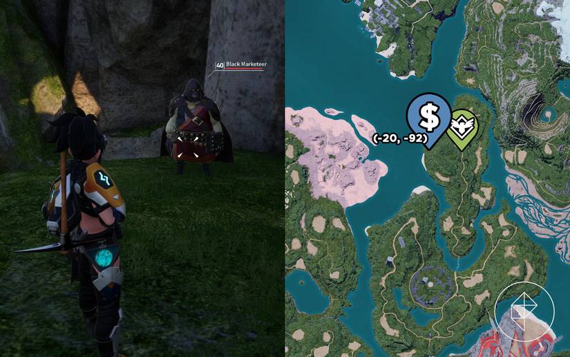 A map showing where to find a Palworld Black Marketeer in a cave-ish cliff.