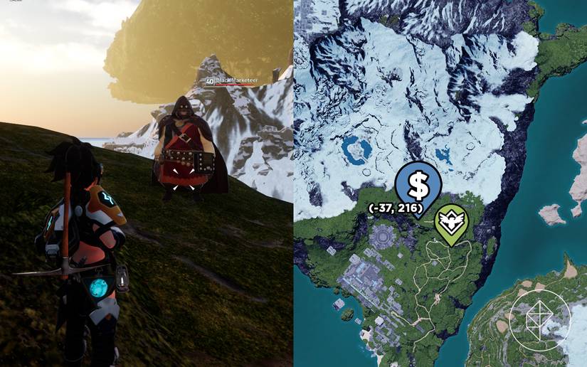 A map showing where to find a Palworld Black Marketeer near a snowy mountain.
