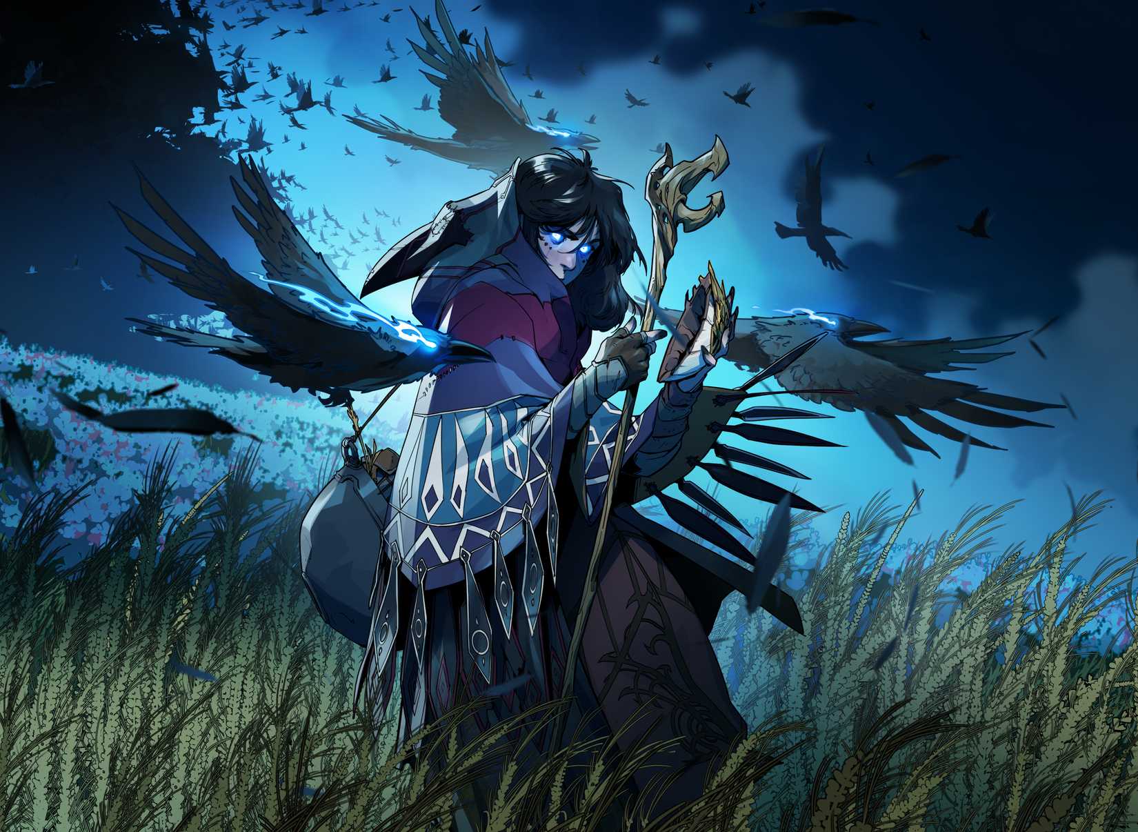 A thaumaturge — a powerful magic user in the world of Legend in the Mist — stands in a field surroujnded by spectral crows. It is night, and their eyes are glowing blue.