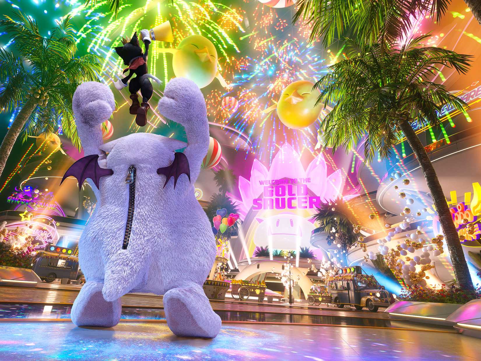 Cait Sith celebrates in front of a huge firework display at the Gold Saucer in Final Fantasy 7 Rebirth