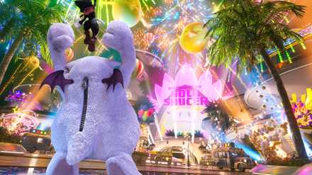 Cait Sith celebrates in front of a huge firework display at the Gold Saucer in Final Fantasy 7 Rebirth