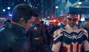 Bucky (Sebastian Stan) and Captain America/Falcon (Anthony Mackie) speak in a crowded NYC city street in a shot from The Falcon and The Winter Soldier