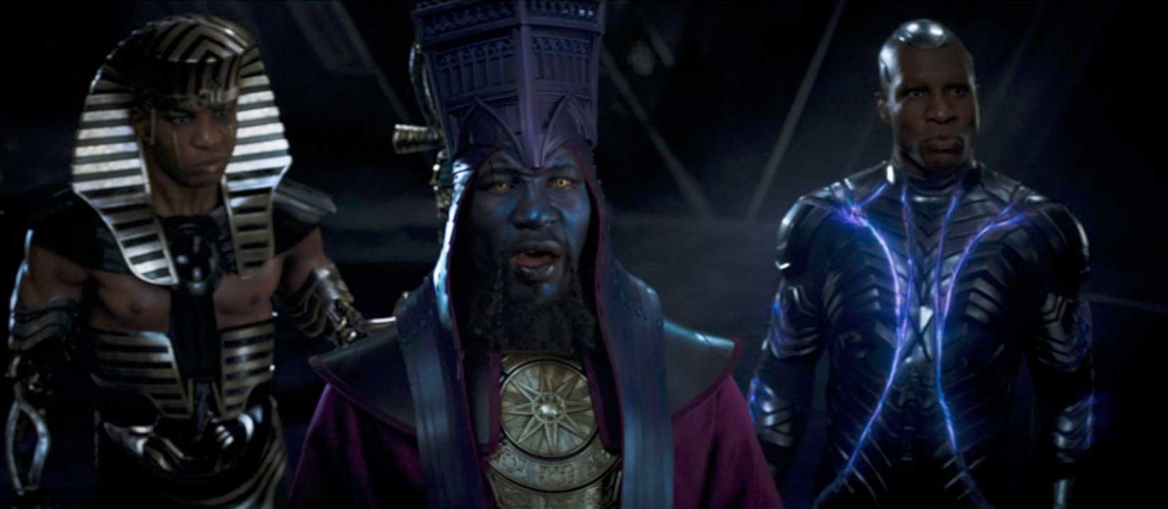 Rama Tut, Immortus, and Iron Lad (all played by Jonathan Majors) stand next to each other in the final scene from Ant-Man and the Wasp: Quantumania