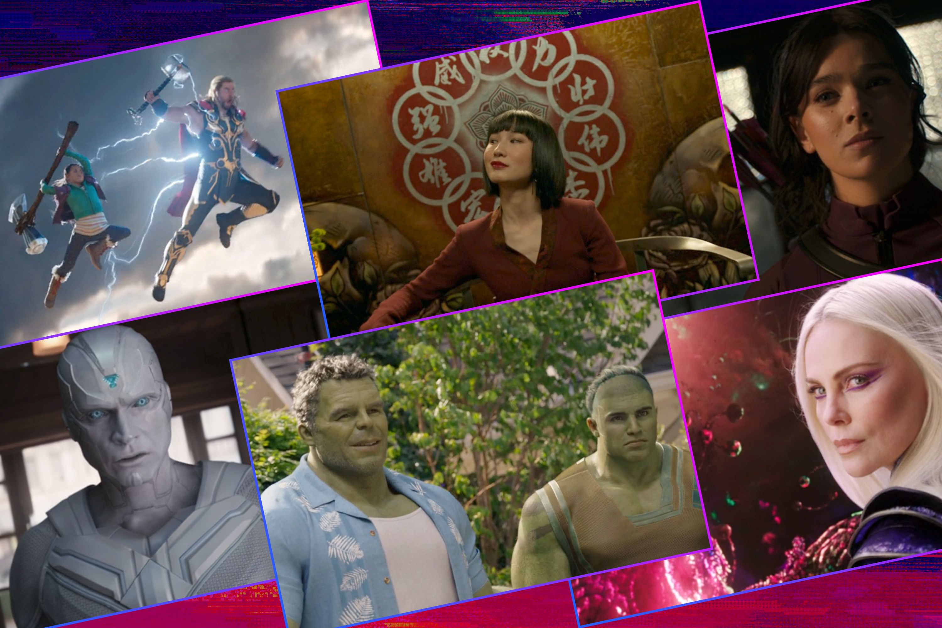 Stills from the Marvel Studios movies and TV shows Thor: Love and Thunder, Doctor Strange in the Multiverse of Madness, The Marvels, WandaVision, She-Hulk: Attorney at Law, and Shang-Chi and the Legend of the Ten Rings