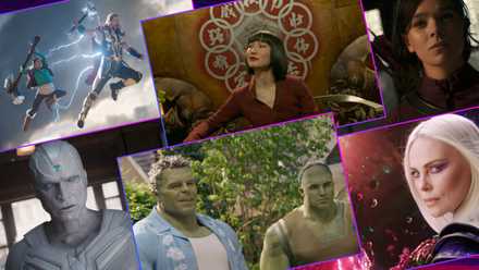 Stills from the Marvel Studios movies and TV shows Thor: Love and Thunder, Doctor Strange in the Multiverse of Madness, The Marvels, WandaVision, She-Hulk: Attorney at Law, and Shang-Chi and the Legend of the Ten Rings