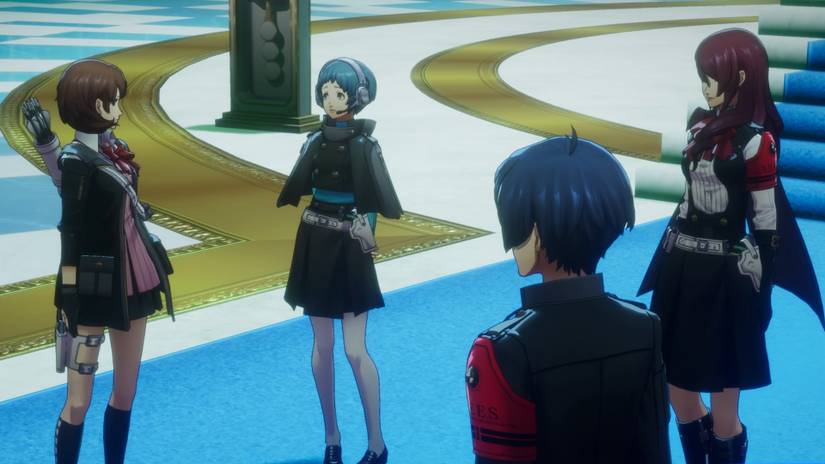 The Nyx Annihilation Team stands around in a gym in a screenshot for the Judgement arcana social link in Persona 3 Reload.