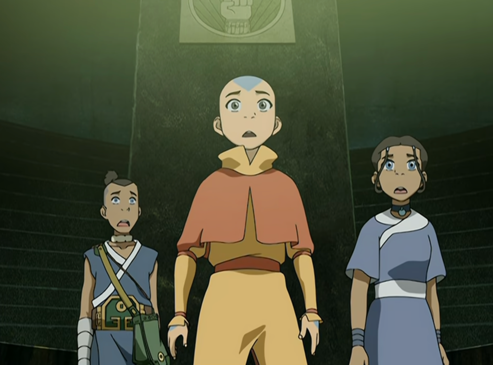  The Last Airbender animated tv series where Aang, Katara, and Sokka all look on Toph with disbelief with their mouths agape.