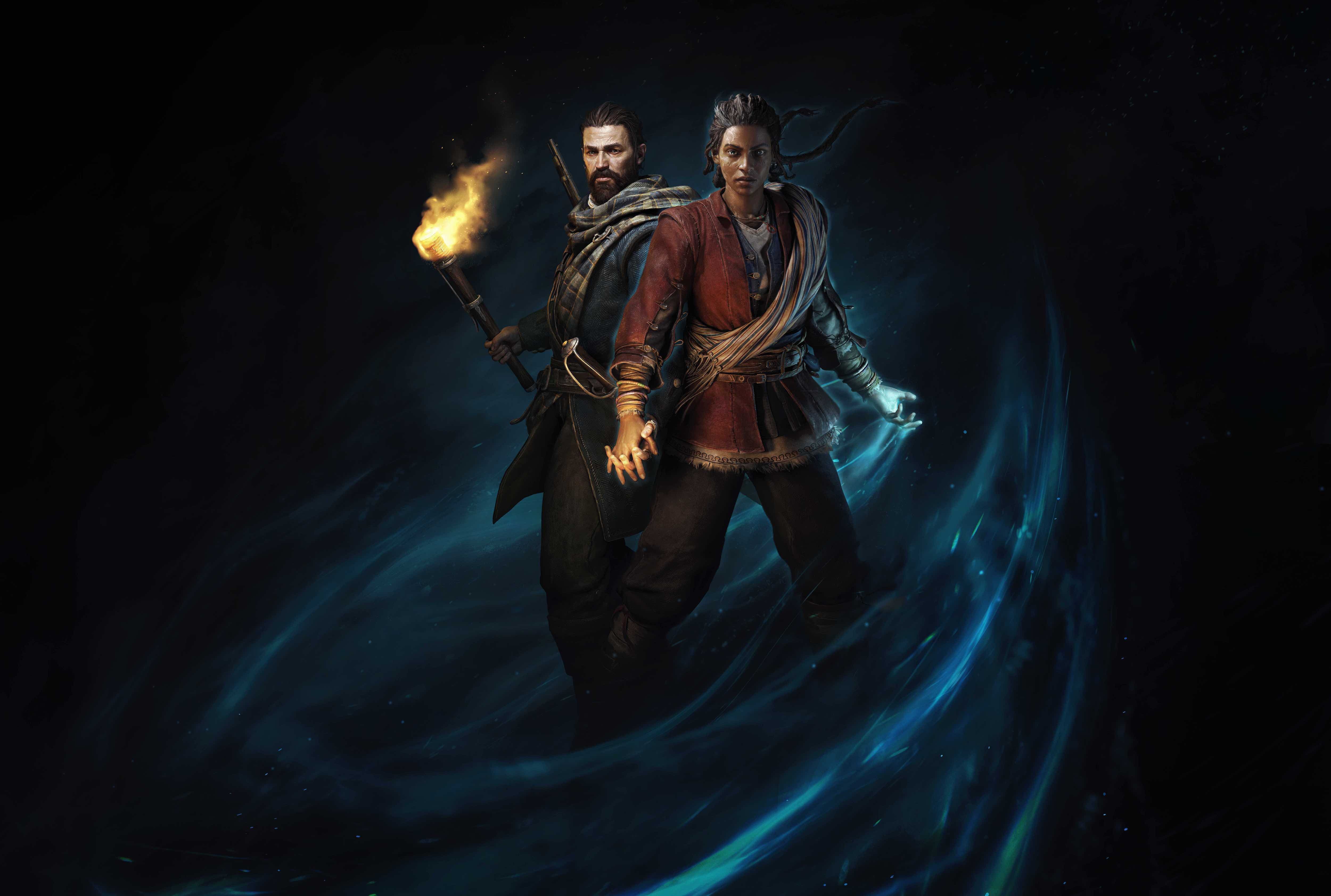 Red and Antea, the main characters of Banishers: Ghosts of New Eden, hold hands as ghostly energy swirls around them.