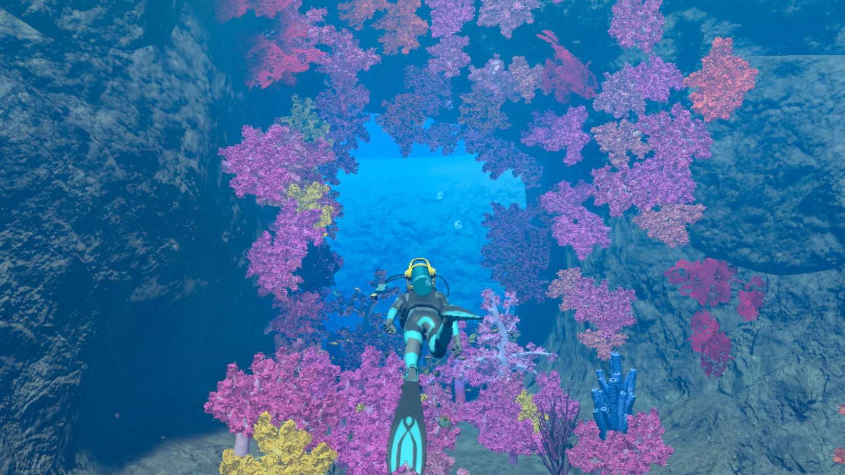 A scuba diver heads for a gap in a beautiful pink coral reef in Endless Ocean Luminous