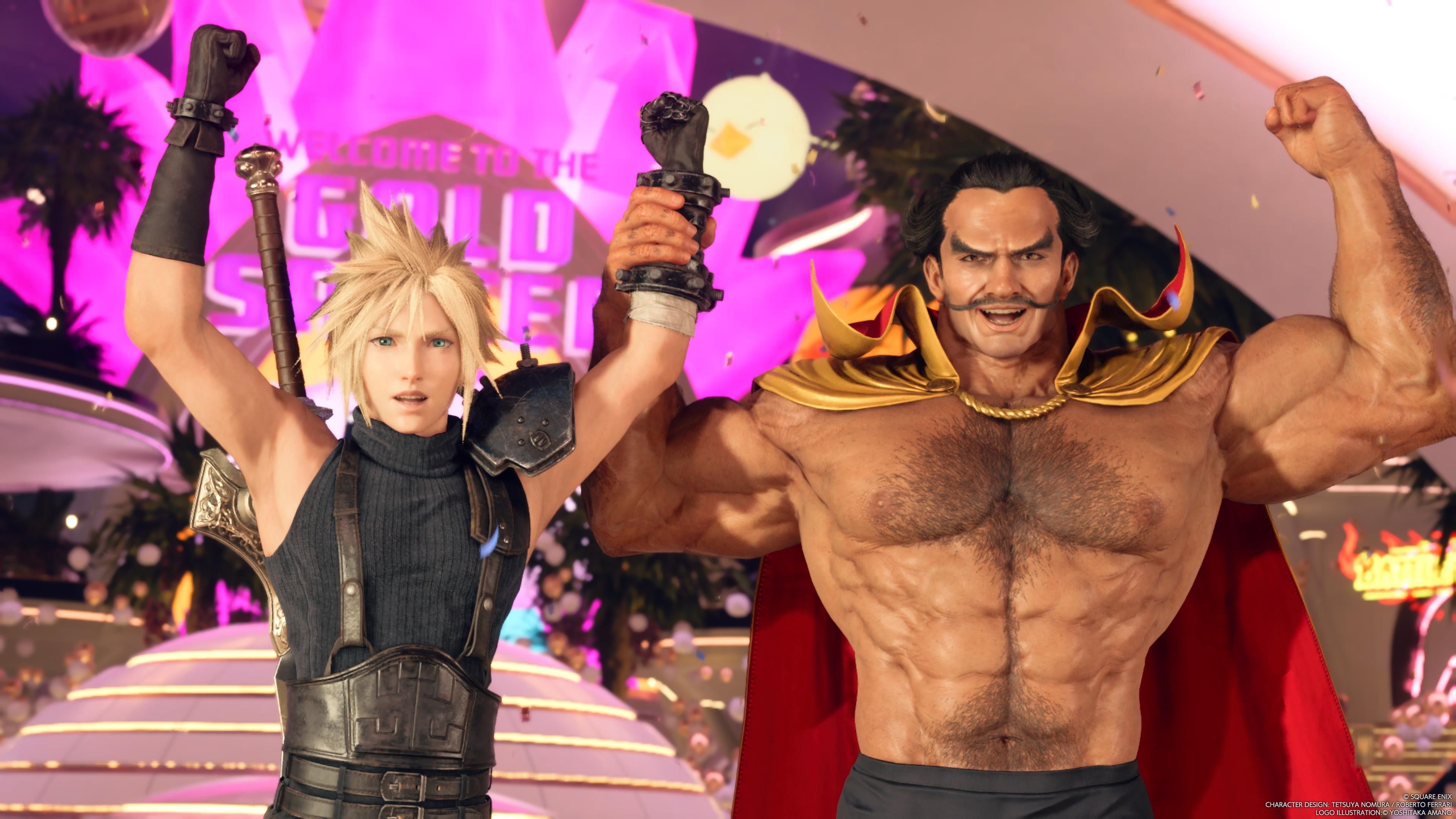 Cloud celebrates a victory over Dio in the FF7 Rebirth Gold Saucer