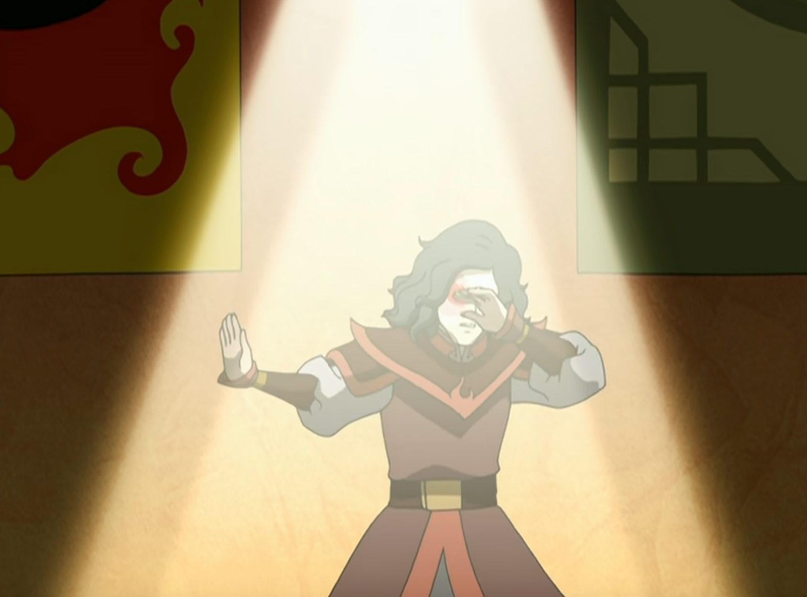 A dramatic production of Zuko giving a monologue while bathed in the spotlight on stage in the Avatar episode