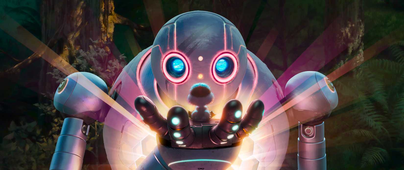 The robot Roz from DreamWorks’ The Wild Robot — a mechanism shaped like a bunch of spheres linked by metal hoses — glows with pink and blue lines and bright lights as she holds up a tiny gosling