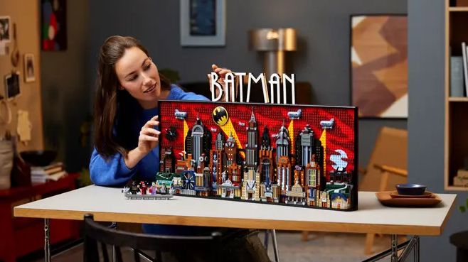 A stock photo of the fully assembled Lego Batman Gotham City Skyline