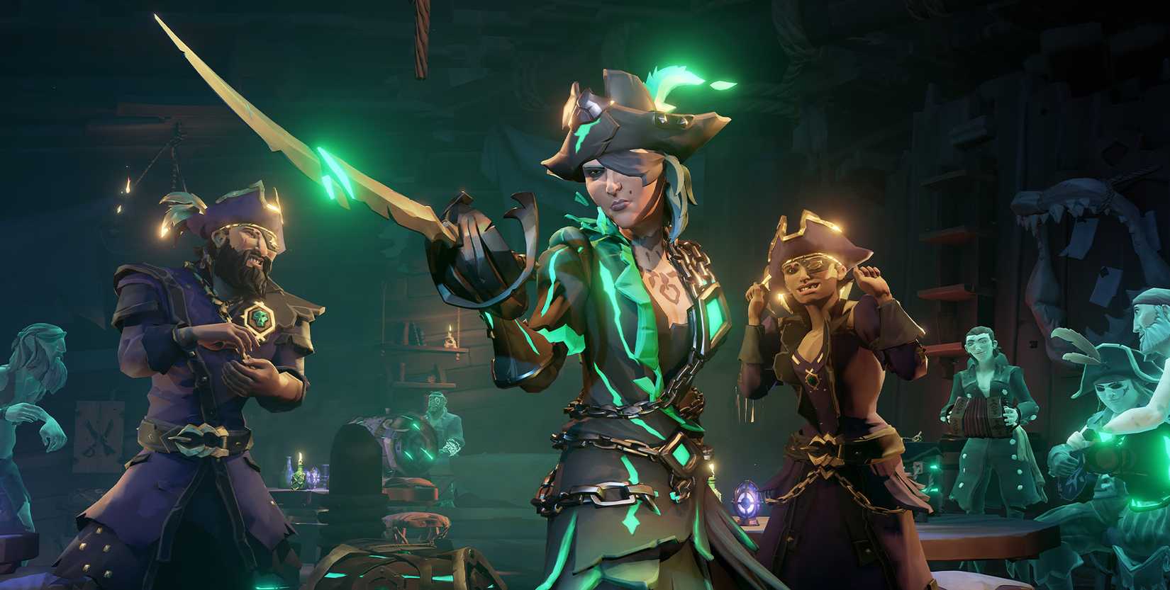 Image: A Pirate Legend ranked player in Sea of Thieves, wearing spectral garb, thrusts their saber forward triumphantly. They’re surrounded by other Pirate Legends and the ghosts of Athena’s Hideout.