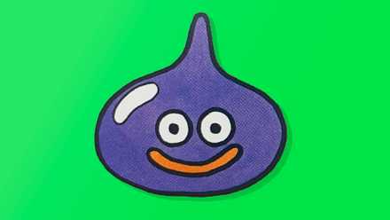 An early ink and watercolor illustration of a Dragon Quest slime by Akira Toriyama, from the book Dragon Quest Illustrations. The Slime is teardrop shaped with wide-open circular eyes and a smirking smile.