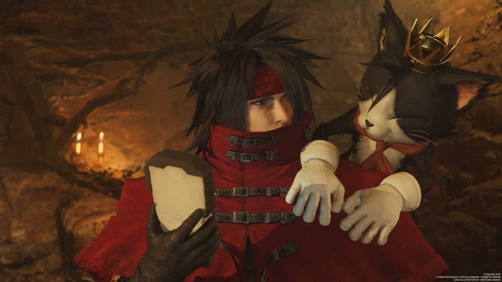 An image of Vincent and Cait Sith in Final Fantasy 7 Rebirth. Cait is sitting on Vincent’s shoulder