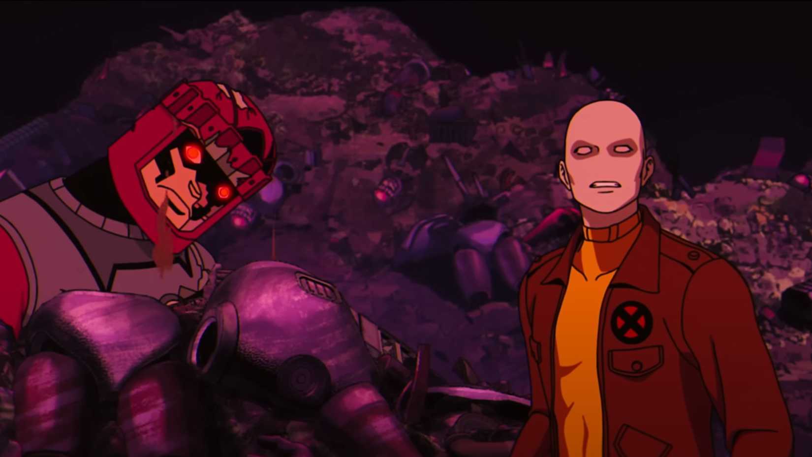 Morph, a bald guy with no nose, looks off into the distance while a sentinel comes to life in a junkyard behind him.