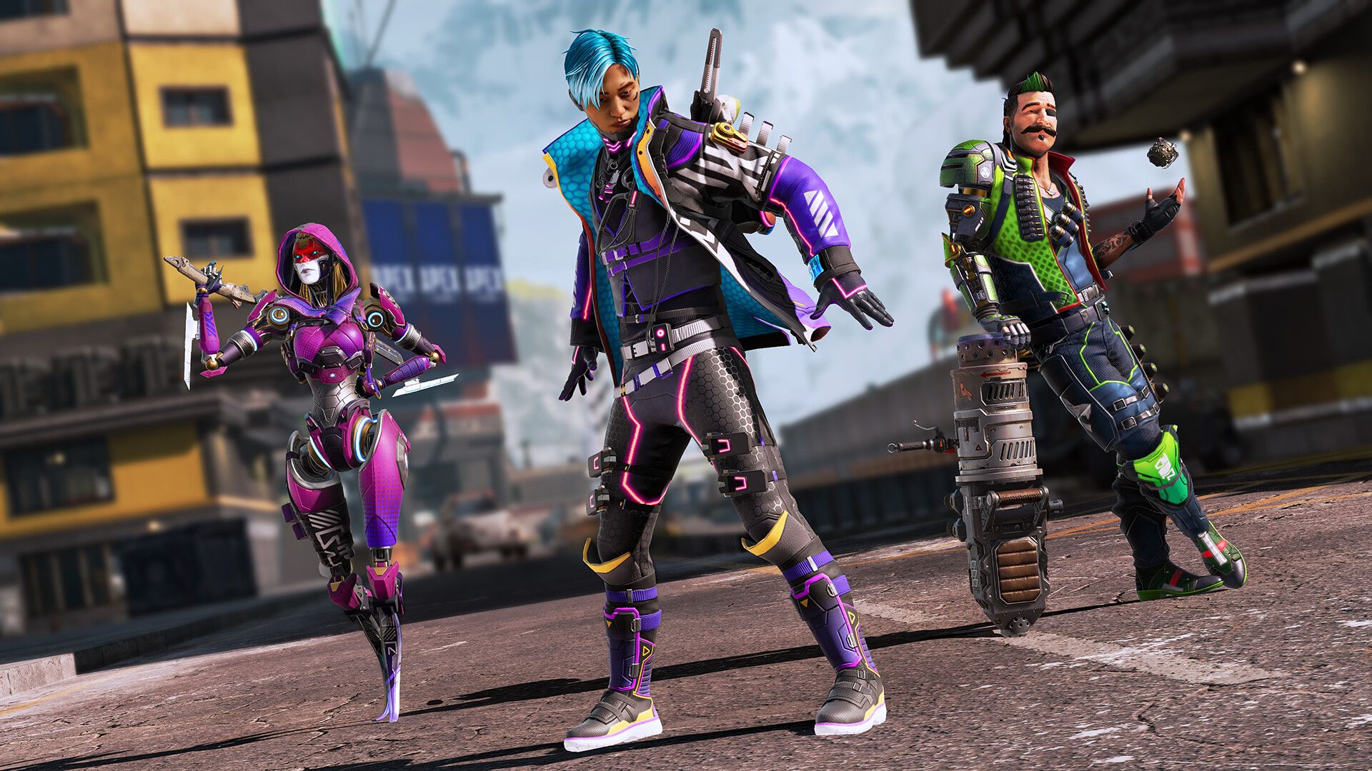 Three colorful characters from Apex Legends throw poses