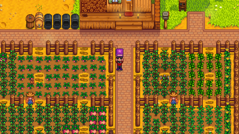 A Stardew Valley farming holds up a purple book