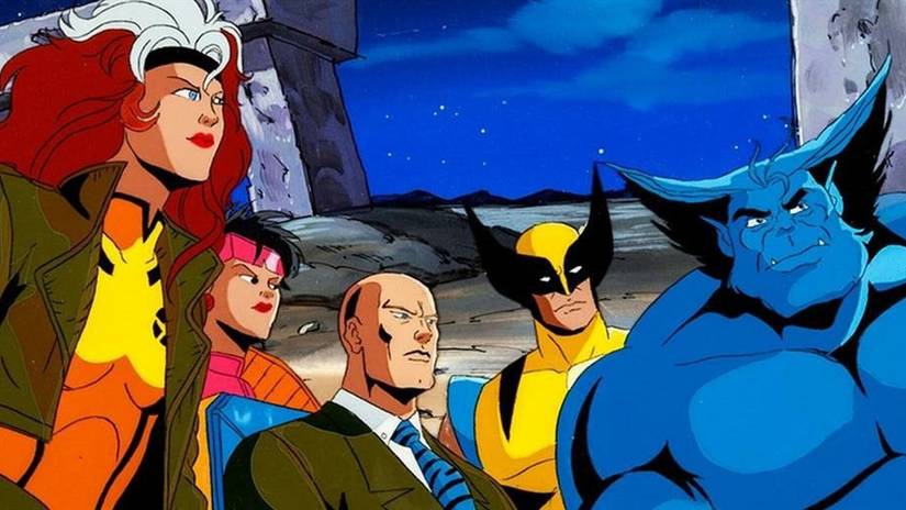 Members of the X-Men in X-Men: The Animated Series, looking stern. LtR: Rogue, Jubilee, Professor X, Wolverine, and Beast. 