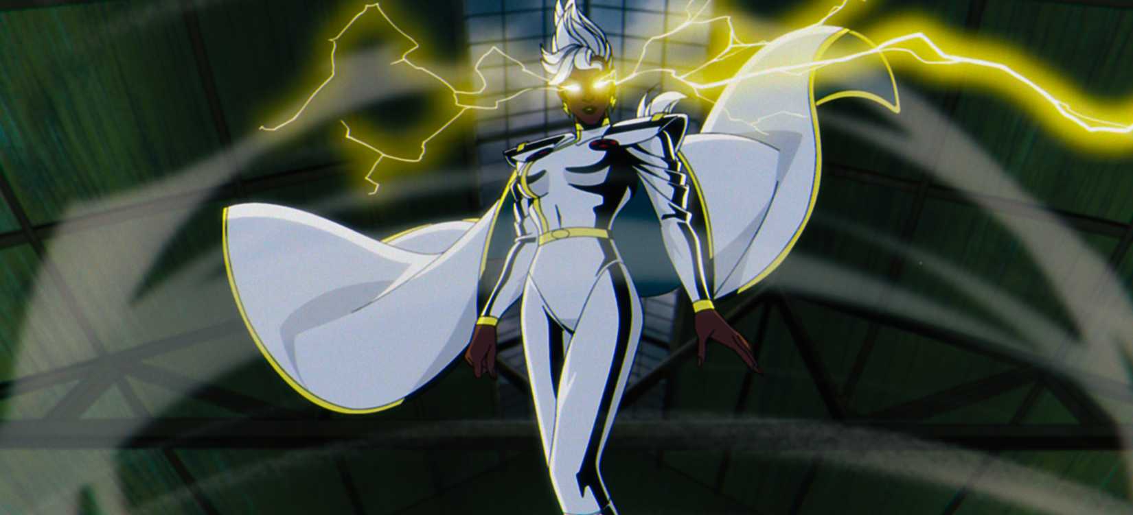 Storm covers in the air in a warehouse, lightning crackling from her eyes and her white cape billowing in X-Men ’97. 