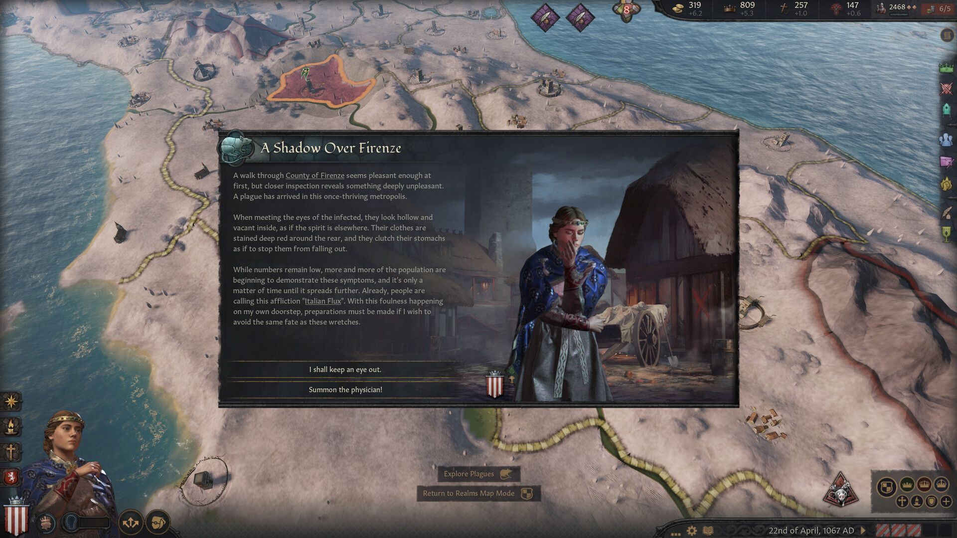 A Crusader Kings 3 event window for when a plague occurs, showing a devastated noble moving through the devastated town.