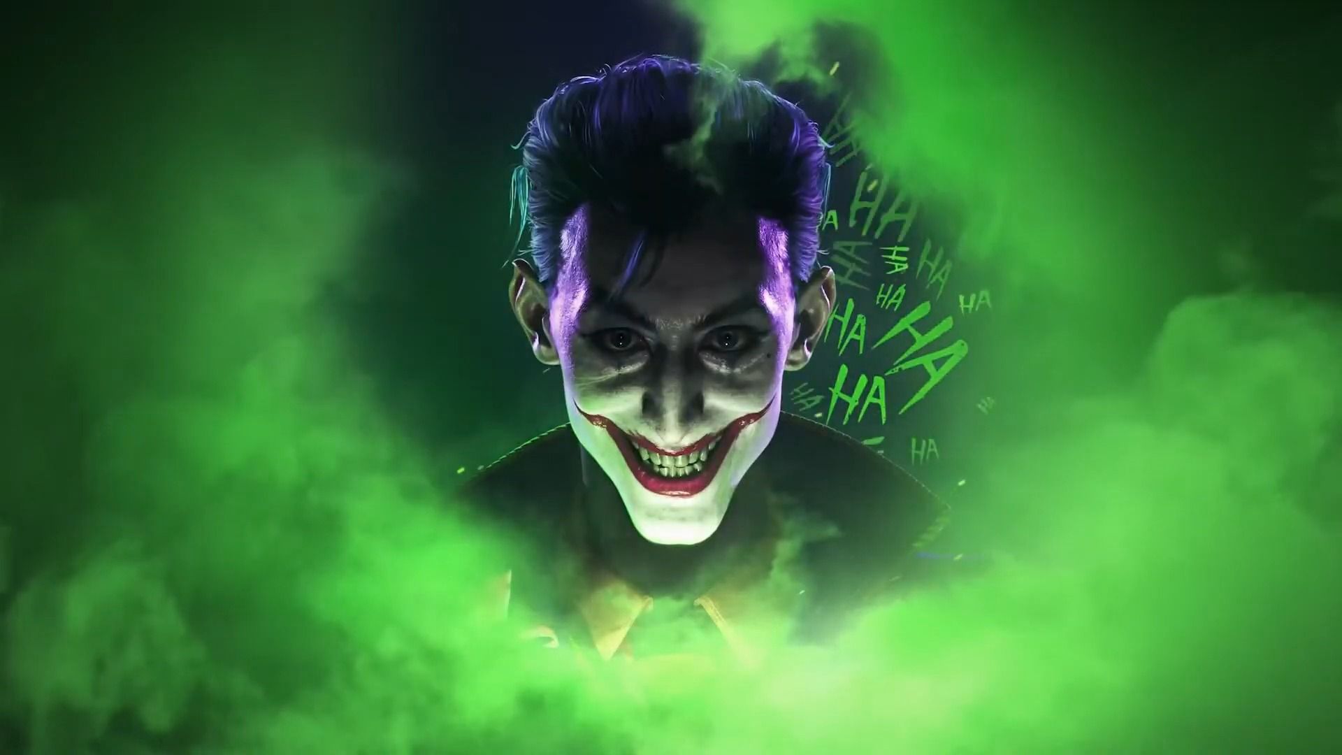 A close-up shot of the Joker’s face, surrounded by green gaseous clouds, from Suicide Squad: Kill the Justice League season 1.