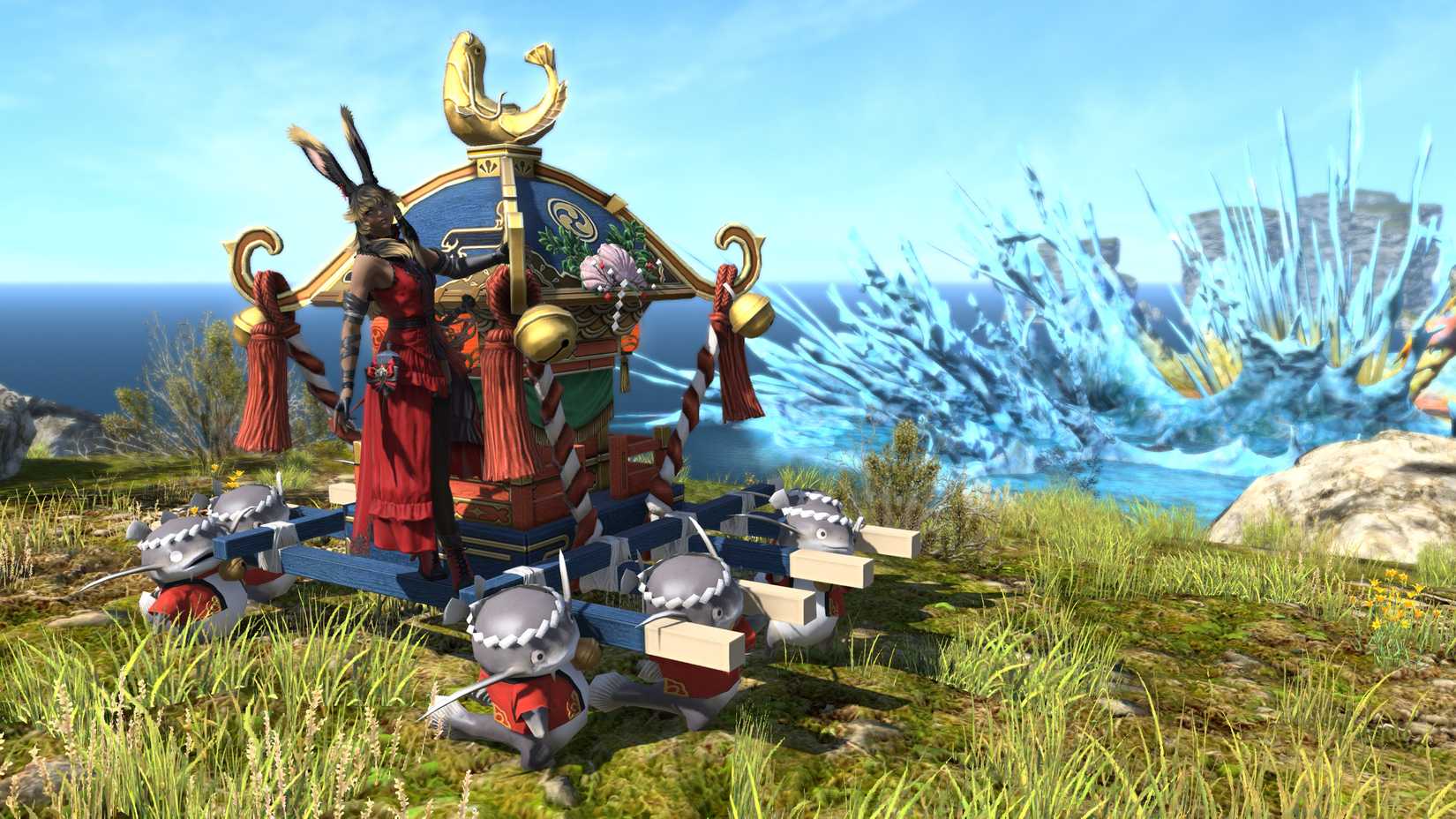 एक Viera Ffxiv में Namazu द्वारा किए गए एक पालकी की सवारी करता है