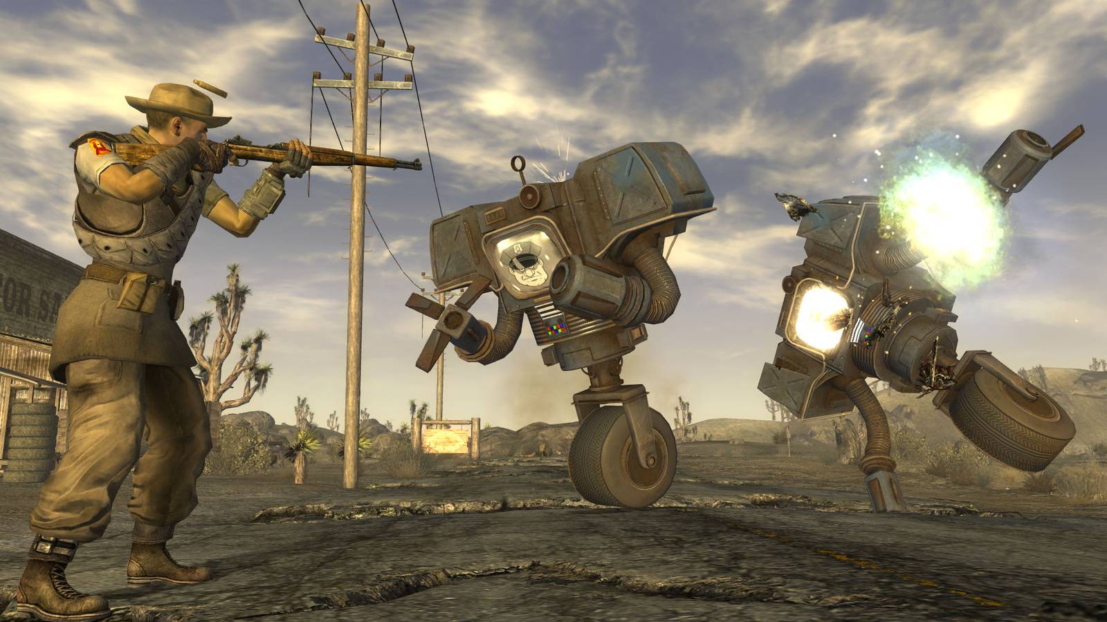 Player facing two security automata in Fallout: New Vegas