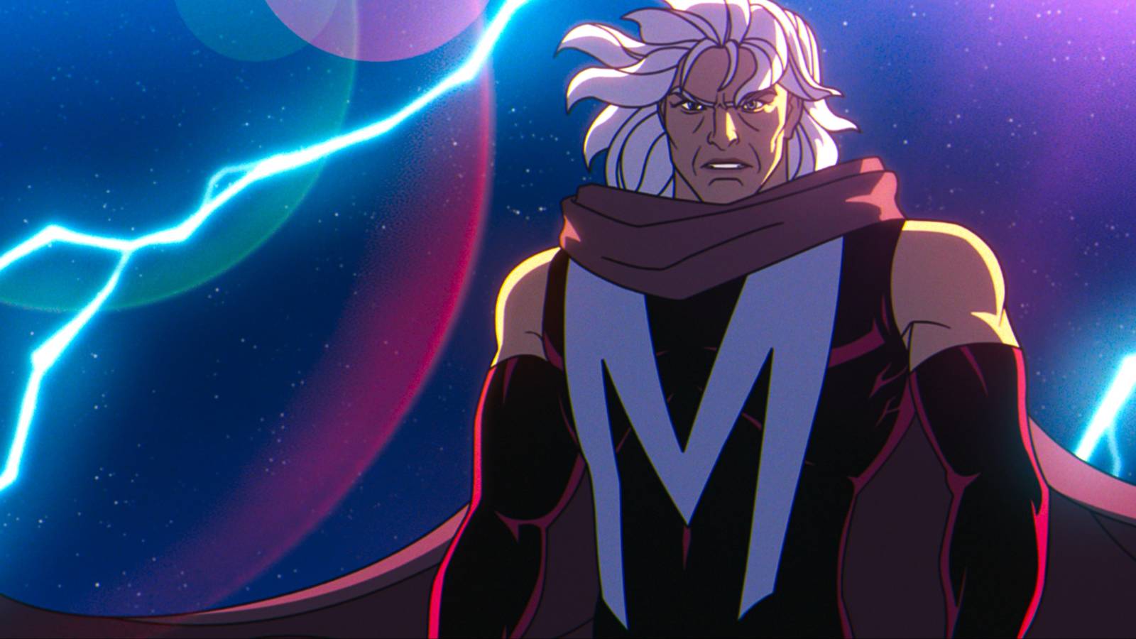 Magneto floating in the night sky, with bolts of lightning around him, in X-Men ‘97
