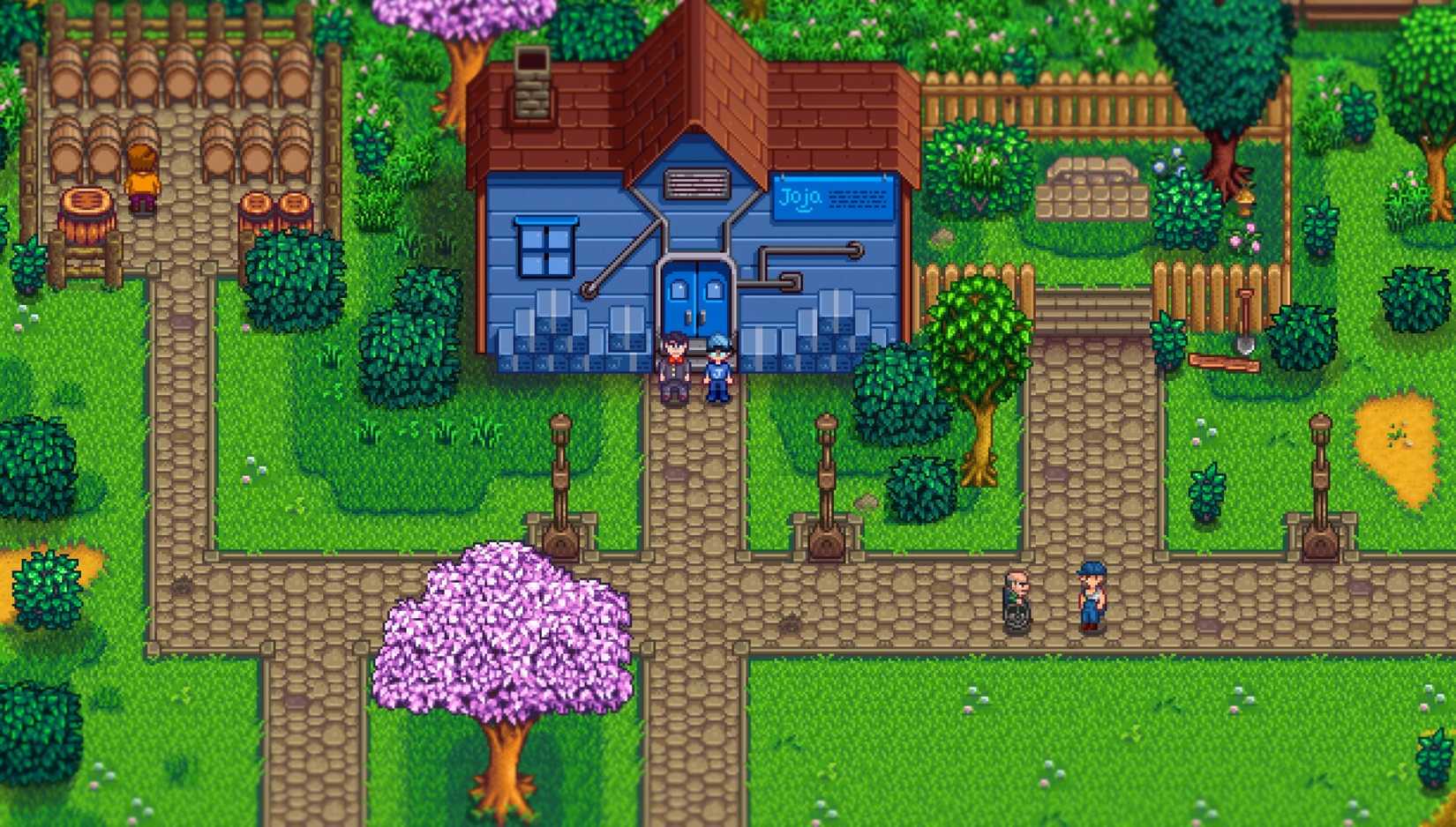 An image of the Stardew Valley Expanded mod that shows a character standing in front of a Joja Mart store using the base game of Stardew Valley.
