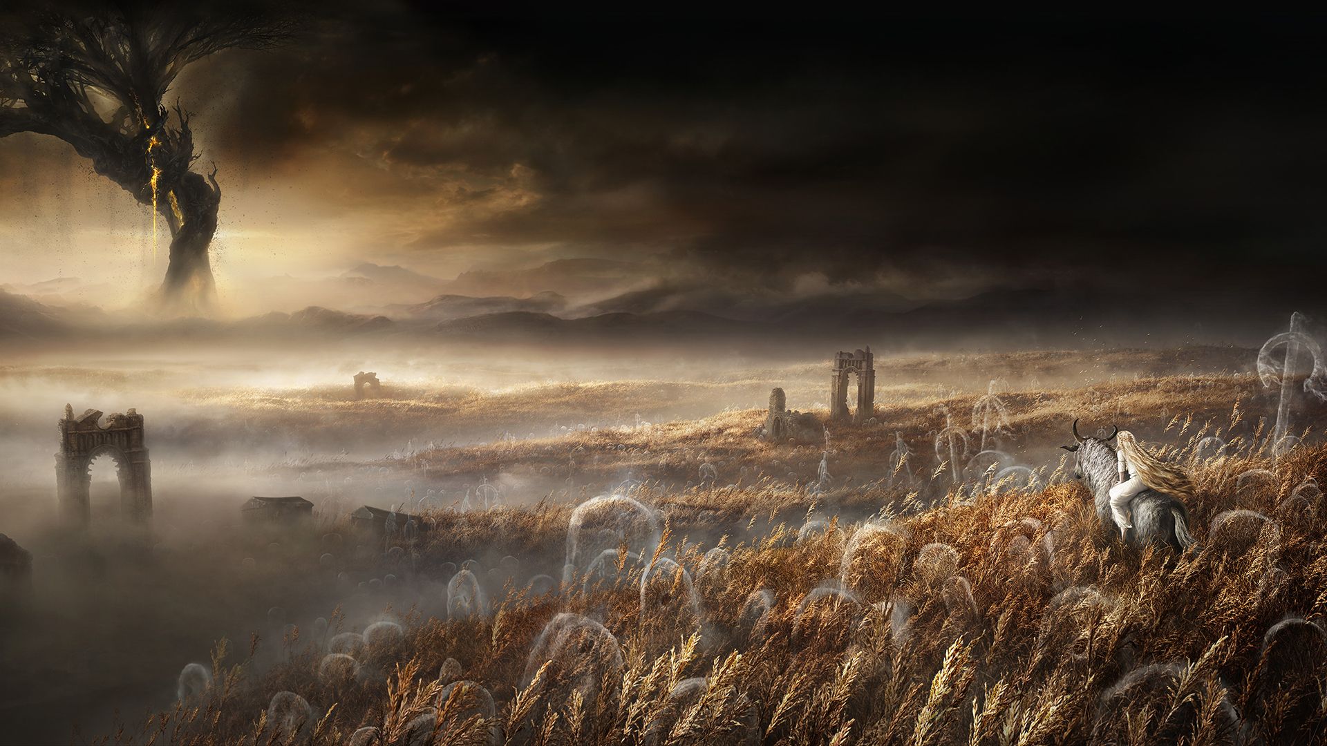 Obra de arte de Elden Ring: Shadow of the Erdtree, que muestra a Miquella montada a lomos de un corcel parecido a un Torrent en un campo de hierba, frente a un Erdtree marchito que llora