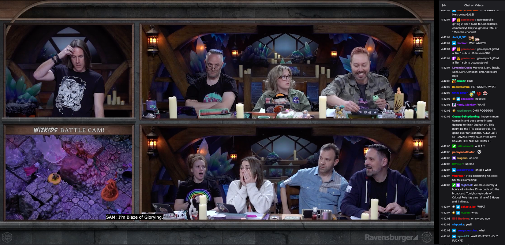 The cast of Critical Role reacts with a mixture of confusion, shock, and horror to Sam Riegel’s decision to blow up Fresh Cut Grass.