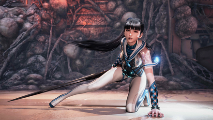 Eve, the protagonist of Stellar Blade, strikes a superheroic pose in a white vinyl jumpsuit, her long metal sword at her side and her long black ponytail swinging behind her