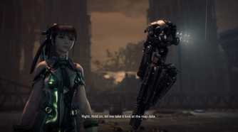 Zelda: Ocarina of Time Is Getting Some Serious Competition on Switch 2 Next Week 48 EVE, the protagonist of Stellar Blade (left), looks solemn as her robot companion (right) tells her, “Right. Hold on, let me take a look at the map data.”