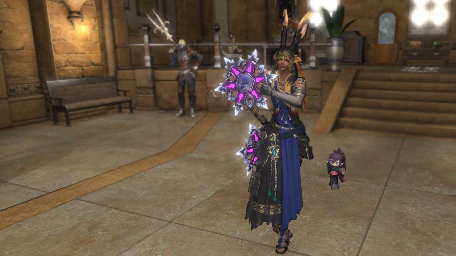 A FFXIV Viera holding up dark chakrams with purple glowing accents