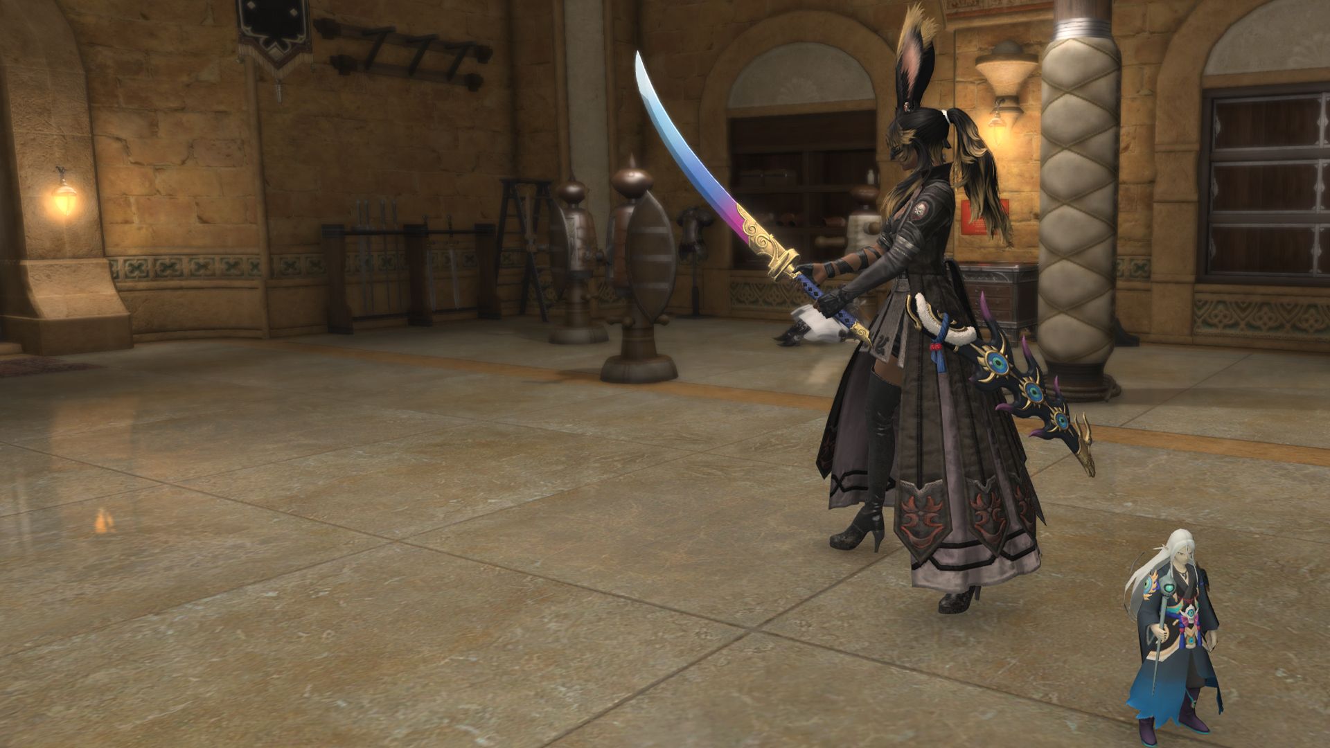 A FFXIV Viera holding up a colorful samurai sword