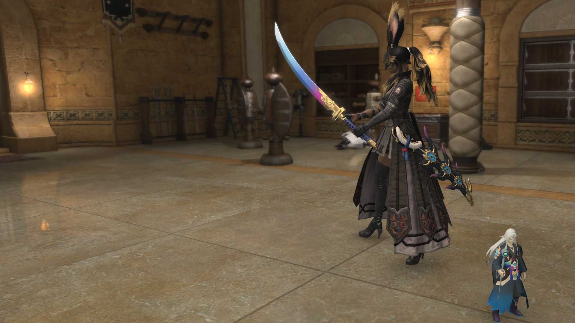 A FFXIV Viera holding up a colorful samurai sword