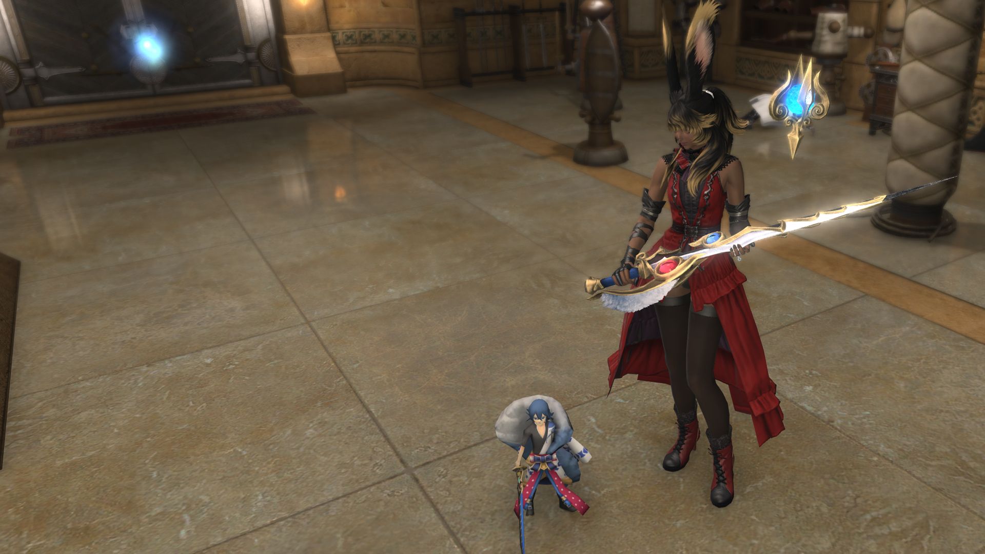A FFXIV Viera holding up a rapier with red and blue jewels on it