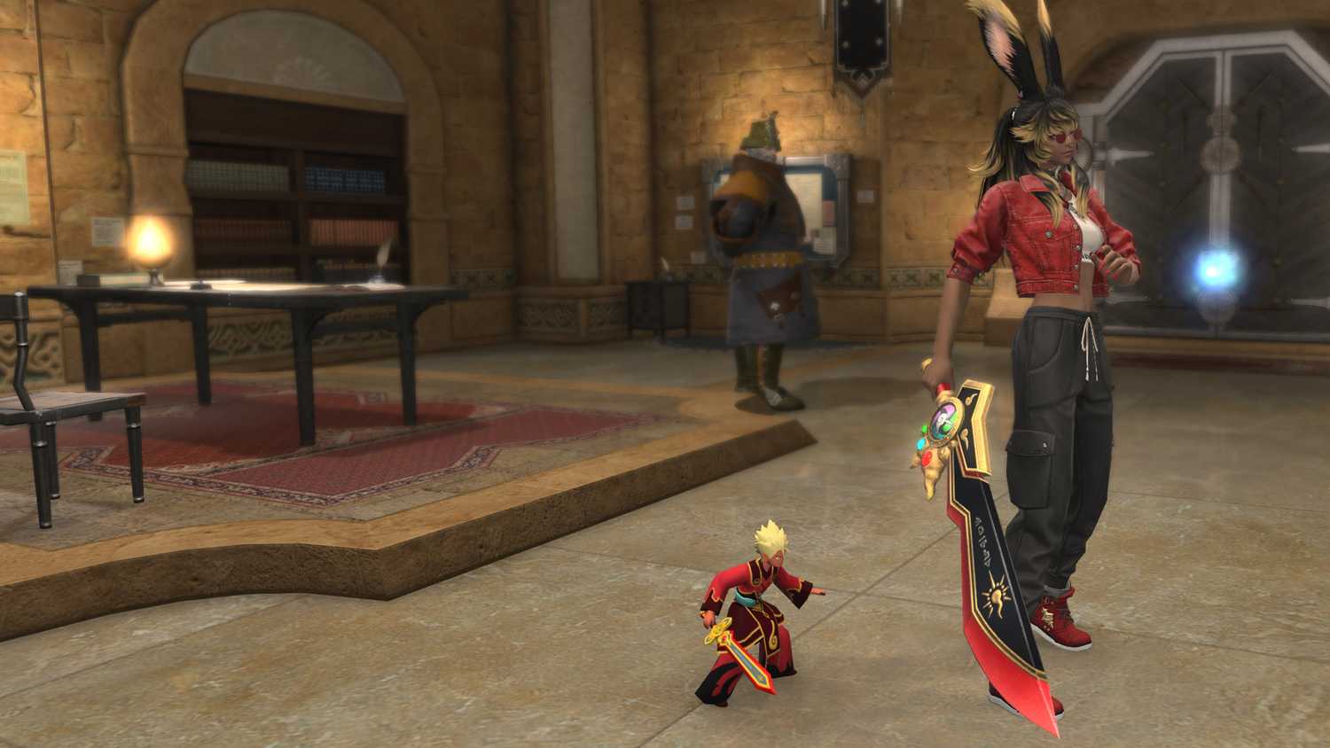 A FFXIV Viera holding up a toy-looking gunblade