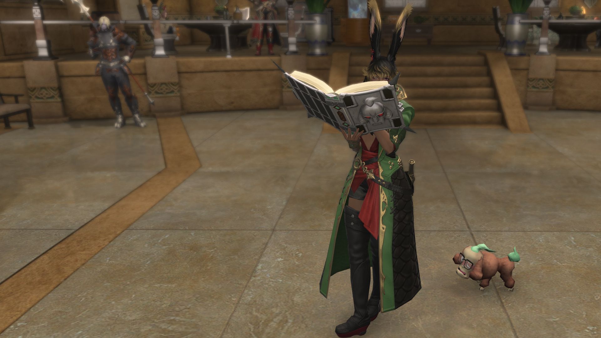 A FFXIV Viera holding up a steel book with a dog’s face on the cover