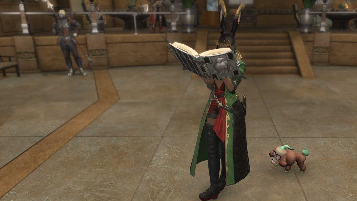 A FFXIV Viera holding up a steel book with a dog’s face on the cover