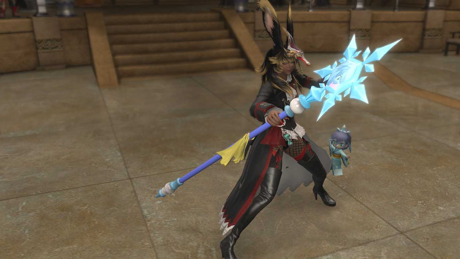 A FFXIV Viera holding up a staff with a huge snowflake at the top